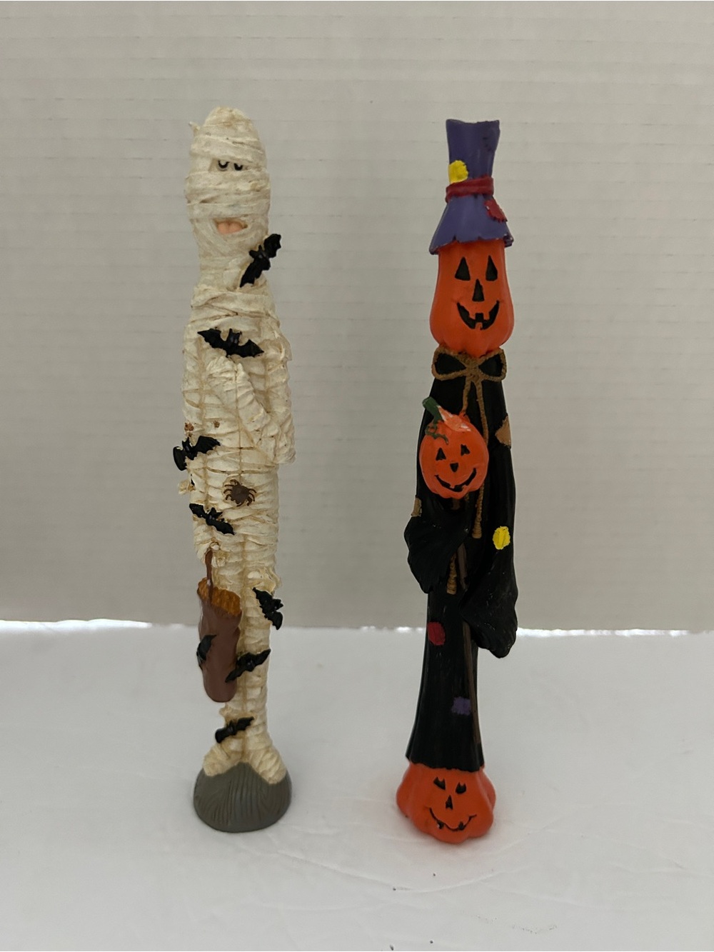 Halloween Mummy and Pumpkin Ceramic Figurine Set - White and Orange